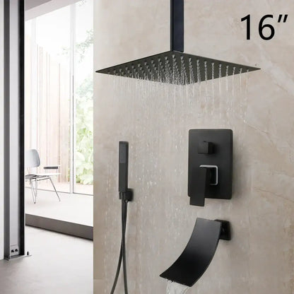 Decorbites™ 8 16 inch matte black led rainfall shower faucet set with square rainfall showerhead and handheld sprayer