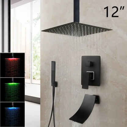 Decorbites™ 12 inch matte black led rainfall showerhead with color-changing lighting in an inch matte black finish