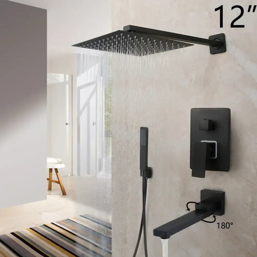 DecorBites 8/16 inch matte black led rainfall shower faucet set with 12-inch square matte black showerhead and handheld sprayer