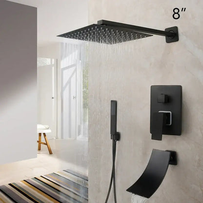 Decorbites 8 inch matte black led rainfall shower faucet set with square showerhead and handheld attachment