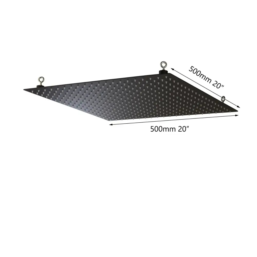 Black triangular led grow light panel with metal hanging rings shown alongside DecorBites™ black ultra-thin rain shower head for bathroom rain shower use