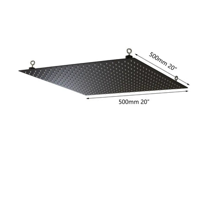 Black triangular led grow light panel with metal hanging rings shown alongside DecorBites™ black ultra-thin rain shower head for bathroom rain shower use