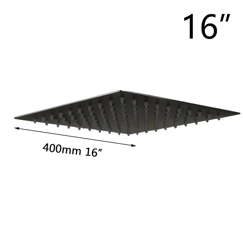 Black 16-inch ultra-thin square rain shower head with multiple spray nozzles for bathroom shower use by DecorBites