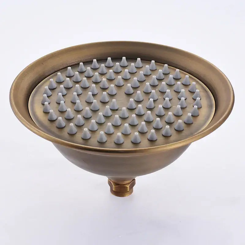 DecorBites™ 8 inch antique brass rainfall shower faucet head with brass finish and gray cone-shaped nozzles for refreshing showers