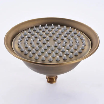 DecorBites™ 8 inch antique brass rainfall shower faucet head with brass finish and gray cone-shaped nozzles for refreshing showers