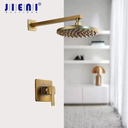 Decorbites™ 8 inch antique brass round shower faucet set with gold-finished jienai shower head and wall valve