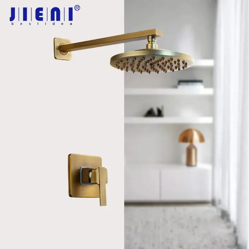 DecorBites 8 inch antique brass round shower faucet set with gold-finished jienai rainfall shower head and control valve