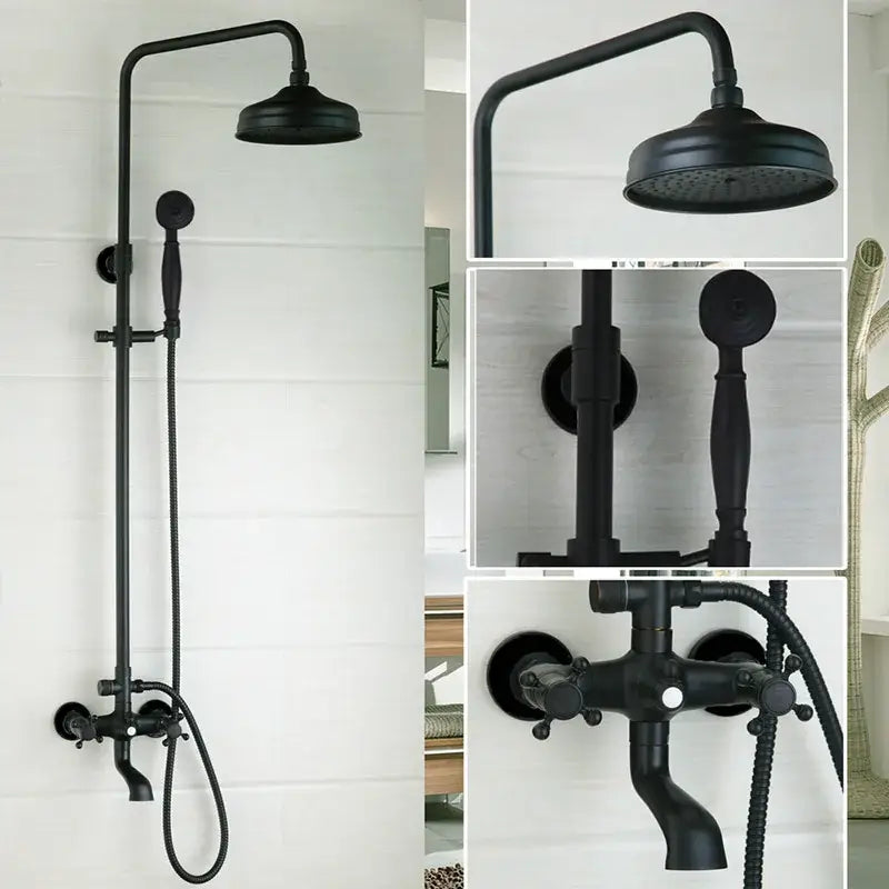 DecorBites™ 8 inch black matte rain shower head set with fixed rain shower, handheld spray nozzle, and mixer faucet