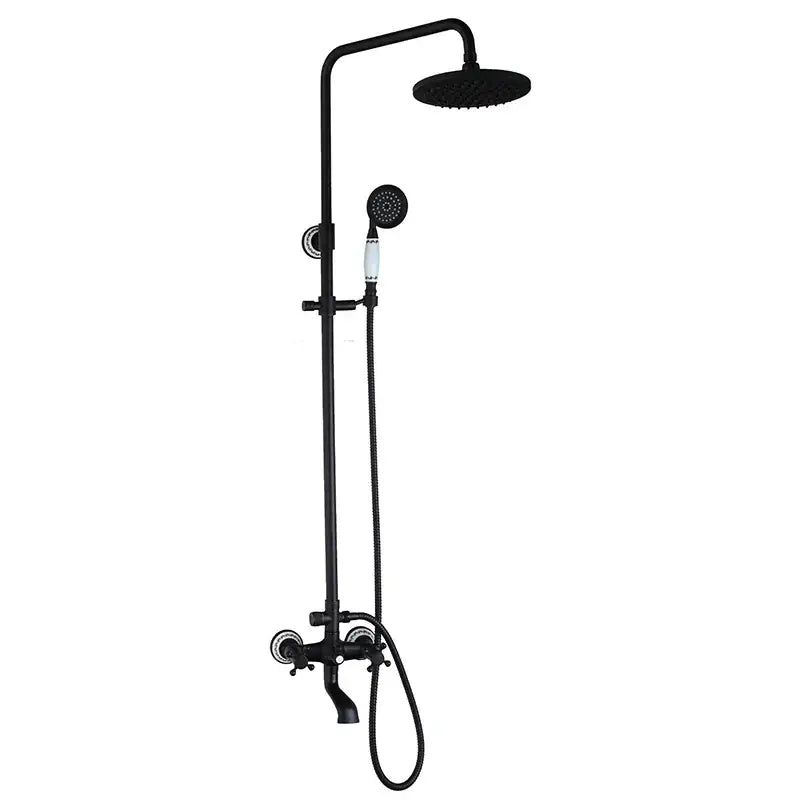 DecorBites 8 inch black matte rain shower head set with handheld spray and white ceramic accents on handles