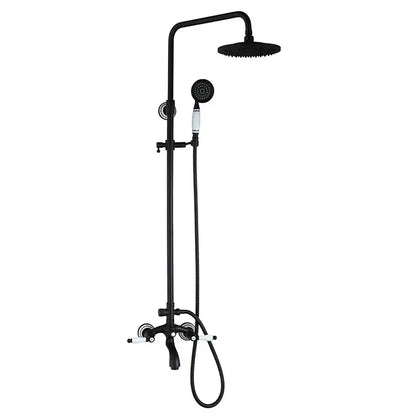 DecorBites 8 black rain shower head set with matte finish, rectangular rain shower, white ceramic handles, and hand spray