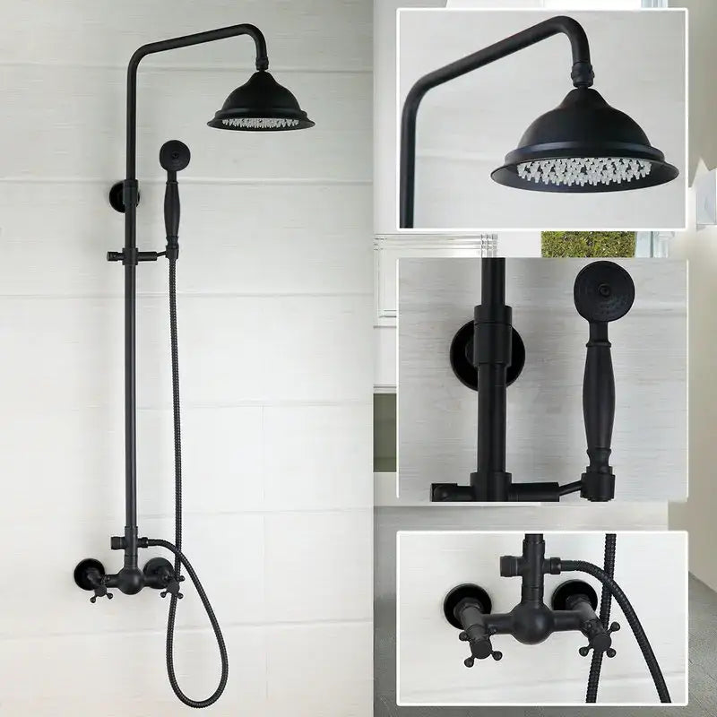 Decorbites™ 8 inch black matte rain shower head set with fixed overhead rain shower and handheld spray nozzle