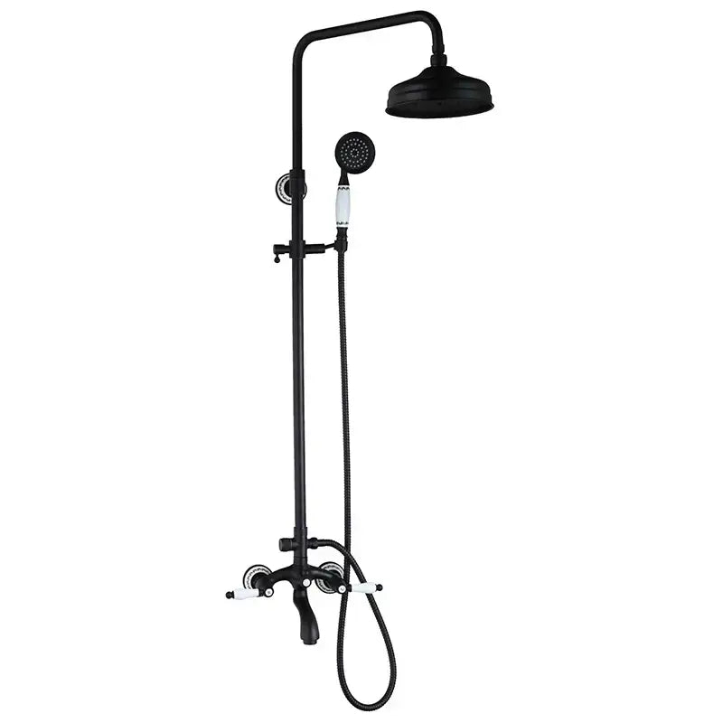 Decorbites™ 8 inch black matte rain shower head set with matching hand spray and white ceramic handles