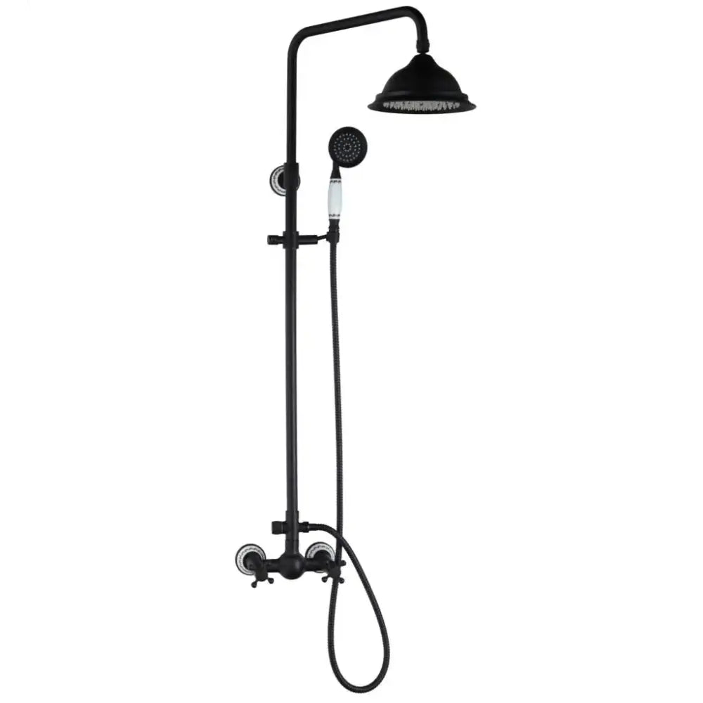 Decorbites™ 8 inch black matte rain shower head set with handheld spray and white ceramic accents on handles