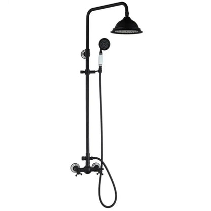 Decorbites™ 8 inch black matte rain shower head set with handheld spray and white ceramic accents on handles