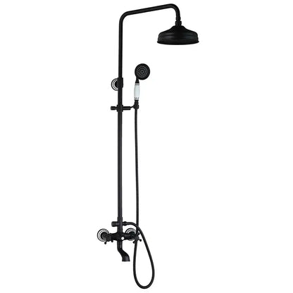 Decorbites™ 8 inch black matte rain shower head set with handheld spray and white ceramic accents mixer faucet