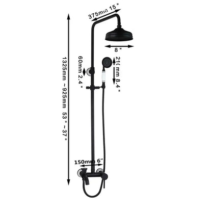 Decorbites 8 inch black matte rain shower head set with fixed overhead rain shower and handheld spray on vertical rail