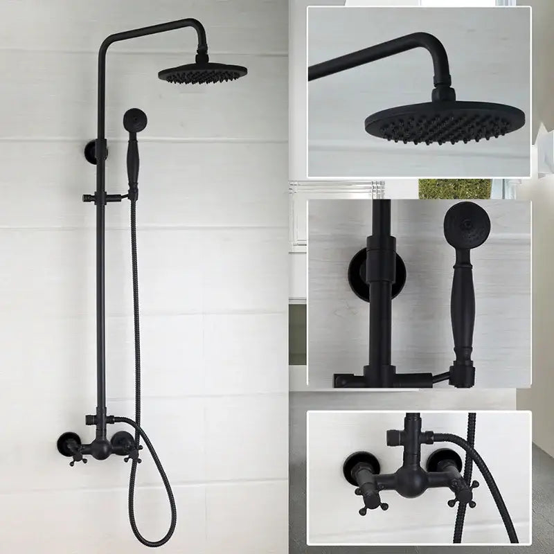 Decorbites™ 8 inch black matte rain shower head set with fixed rain shower and handheld spray nozzle mixer faucet