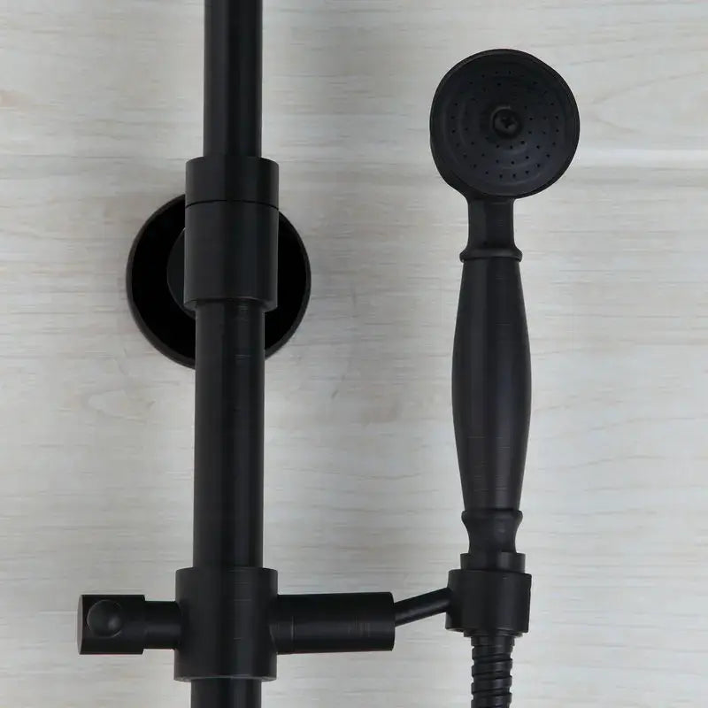 DecorBites™ 8 inch black matte rain shower head set with hand spray and mixer faucet mounted on vertical bar