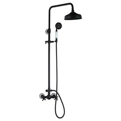 Decorbites™ 8 inch black matte rain shower head set with handheld spray and white ceramic knob mixer faucet