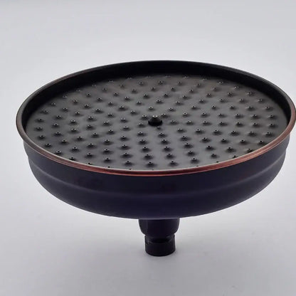 Decorbites™ 8 inch brass shower head with black matte finish, copper-toned rim, and evenly spaced spray holes for rainfall use
