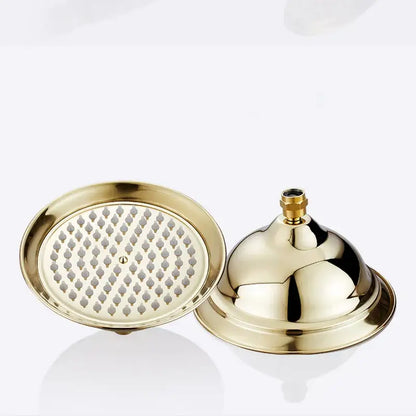 DecorBites™ 8 inch gold brass shower head with polished domed design and multiple spray holes for rainfall use