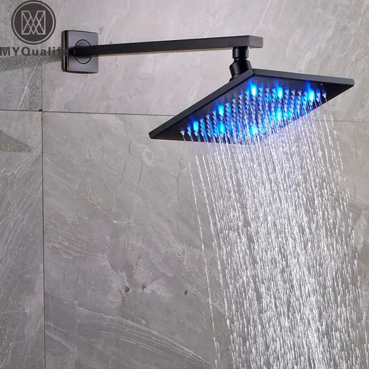 Decorbites™ brass square led 8 inch black shower head with blue led lights and modern square led rainfall design