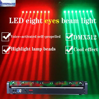 Decorbites™ 8-eye rgbw beam laser moving head light with black led lenses illuminated green and red for dj stage use