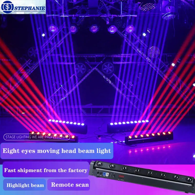 Decorbites 8-eye rgbw beam laser moving head light in black projecting red and purple beams for dj disco stage use