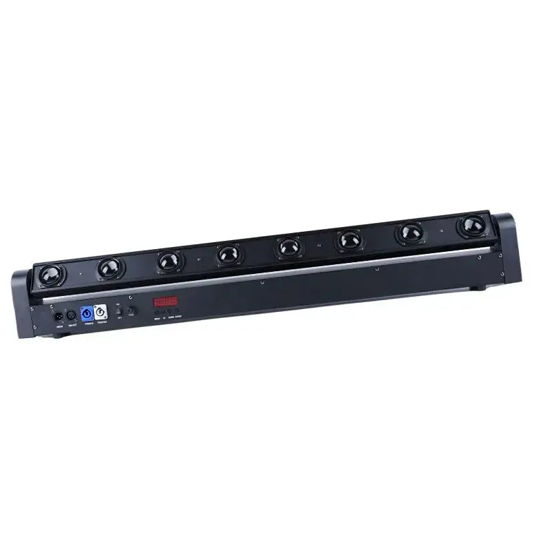 Black rgbw beam laser moving head light with six circular fixtures and control ports on the back for stage use