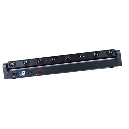 Black rgbw beam laser moving head light with six circular fixtures and control ports on the back for stage use