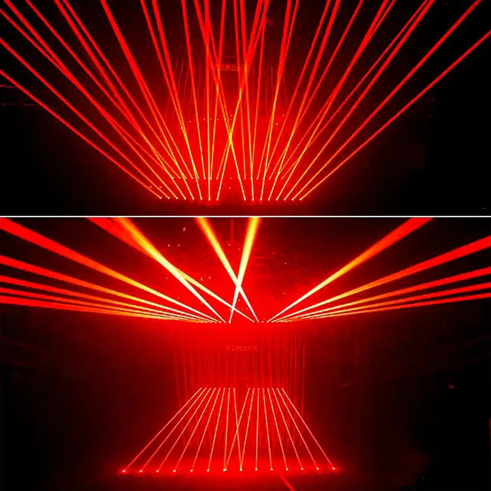 Red and orange laser beams radiate from decorbites 8 eyes beam laser moving head dj disco stage light for parties bar