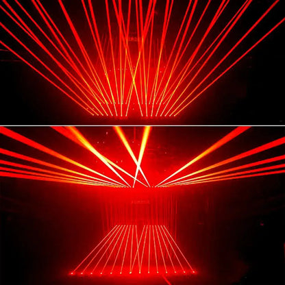Red and orange laser beams radiate from decorbites 8 eyes beam laser moving head dj disco stage light for parties bar