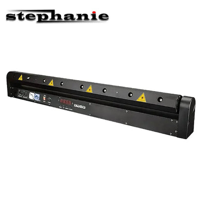 Black stephanie eyes beam laser moving head with yellow warning triangles and digital display for dj parties bar use