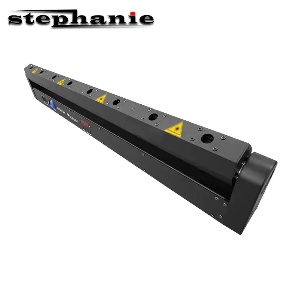 Black stephanie laser moving head beam laser with yellow warning triangles and multiple mounting holes for stage use