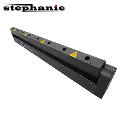 Black stephanie laser moving head beam laser with yellow warning triangles and multiple mounting holes for stage use