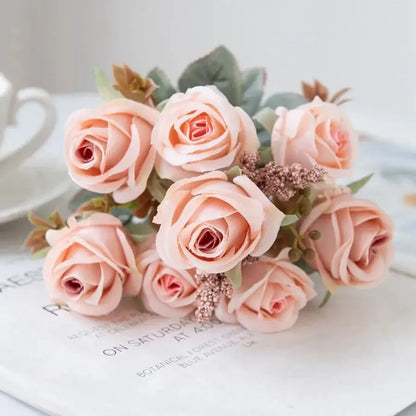 A delicate decorbites™ 8-head 30cm pink peony silk bouquet with soft peach artificial roses and green leaves for decoration