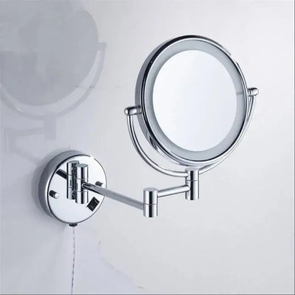 Chrome-finished wall-mounted makeup mirror with adjustable arms and circular frame for brass led folding makeup use
