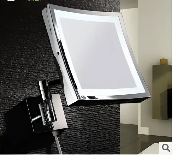 Chrome-finished rectangular decorbites™ 8 inch brass led magnifying wall mirror with bright led light border and adjustable angle