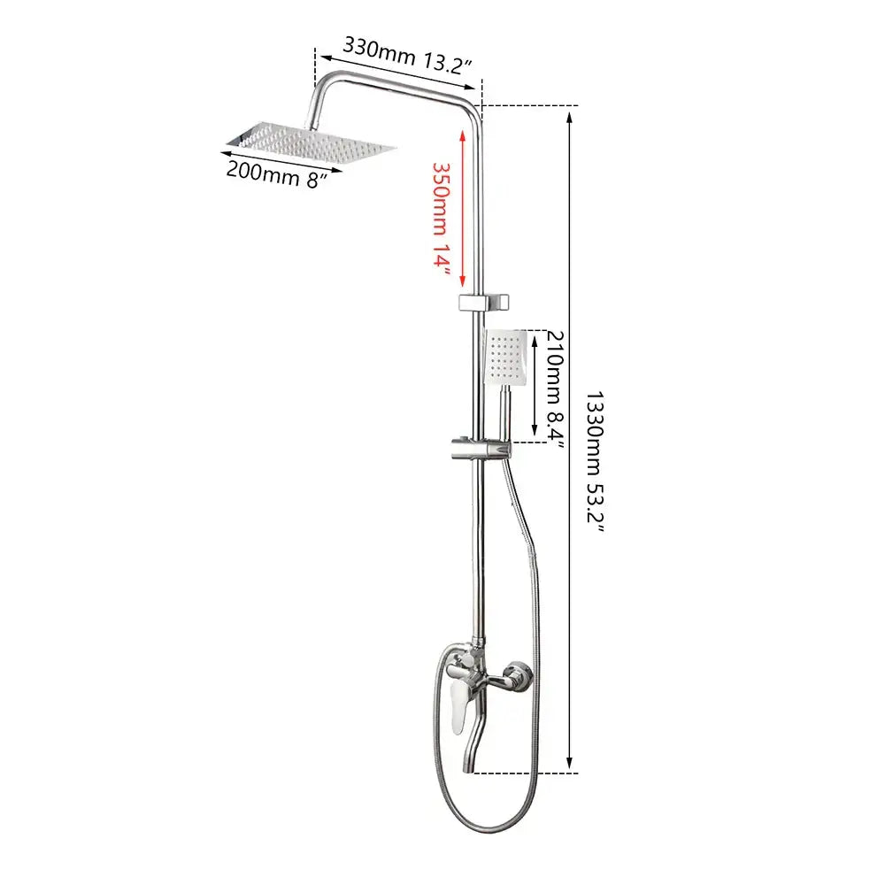 Decorbites 8-inch chrome shower set with rectangular rainfall showerhead and handheld faucet with adjustable height