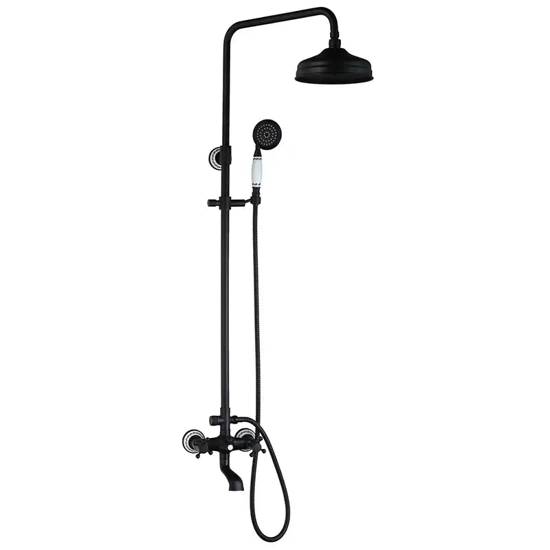 DecorBites™ 8 inch matte black shower faucet set with white ceramic accents features rainhead and handheld spray head