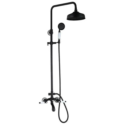 DecorBites™ 8 inch matte black shower faucet set with white ceramic handles includes rainhead and handheld sprayer