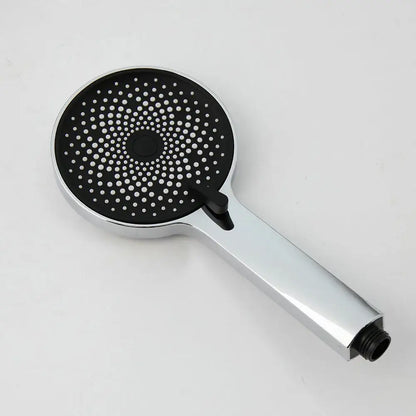 Chrome finished handheld showerhead with black perforated face in decorbites 8 inch stainless steel rainfall shower set