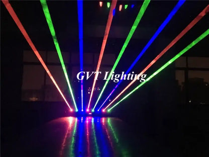 Vibrant rgb laser array moving beams in red green blue and orange from decorbites 8-lens stage lighting light
