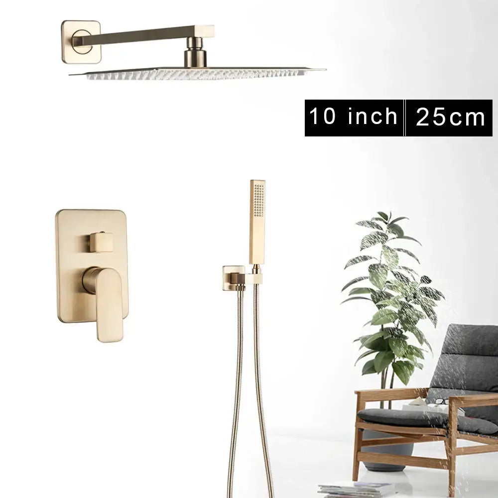 Modern brushed gold 10-inch square shower faucet set with rainfall showerhead and handheld sprayer by DecorBites