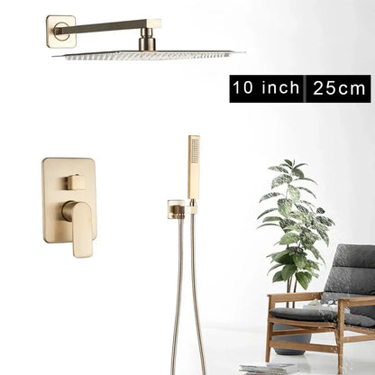 Modern brushed gold 10-inch square shower faucet set with rainfall showerhead and handheld sprayer by DecorBites