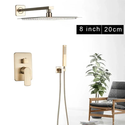 Modern brushed gold finish 8 inch square shower faucet set with rainfall showerhead wall-mounted faucet and handshower