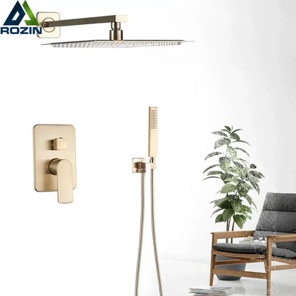 Gold-toned DecorBites™ 8 inch rainfall shower faucet set with rectangular showerhead and matching wall-mounted valve