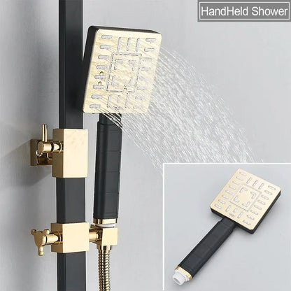 Gold finished square handheld showerhead with black textured grip and matching wall mounted fixtures in DecorBites rainfall shower set with bidet function