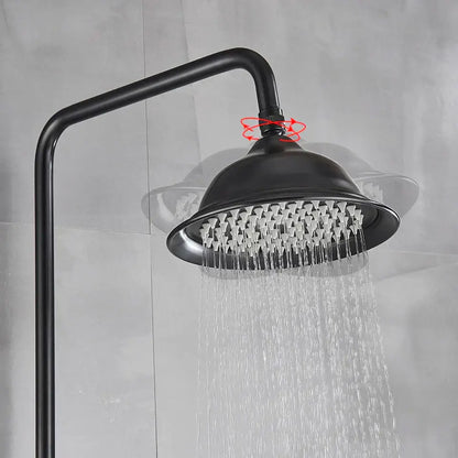 Black matte rainfall showerhead with multiple spray nozzles and curved arm for enhanced shower experience by decorbites
