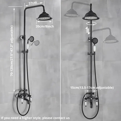 Black matte DecorBites™ rainfall shower system with 8 inch rainhead white ceramic knobs and chrome accents for enhanced shower experience